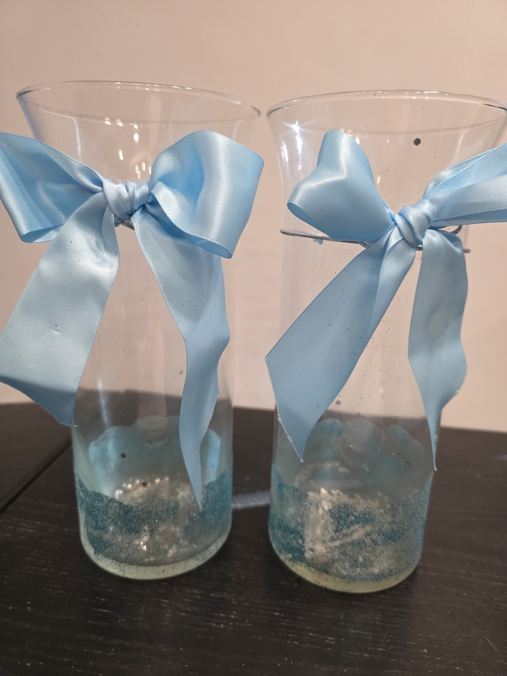 Clear Glass Flower Vase Blue Bow Homemade Decorative Candle Holder, Blue Glitter